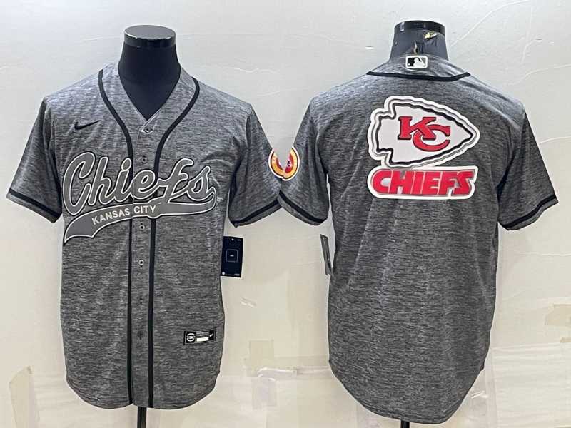 Men%27s Kansas City Chiefs Grey Team Big Logo With Patch Cool Base Stitched Baseball Jersey